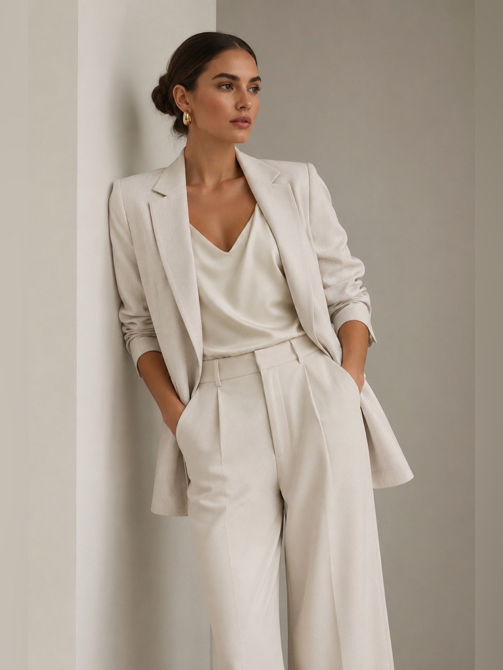 H&M Light Cream Ruched Sleeve Longline Blazer Size 12